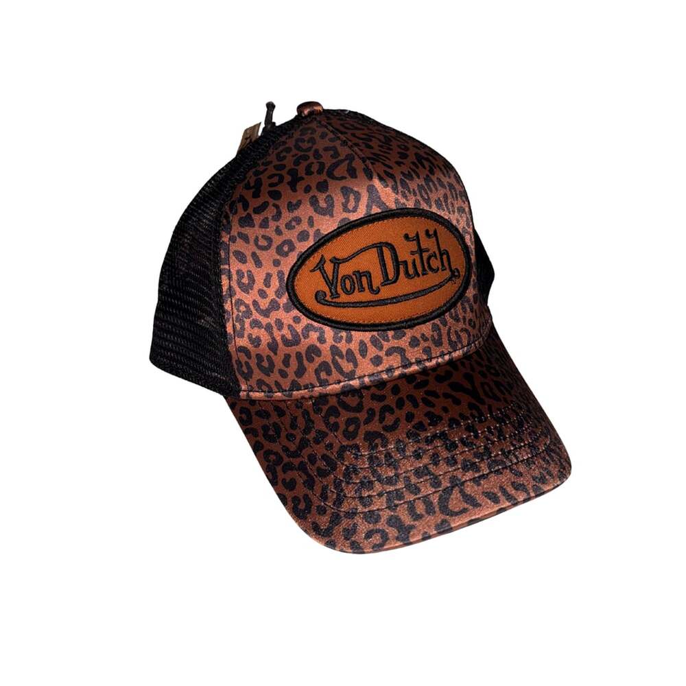 Von Dutch Leopard Print Satin Trucker Hat Brown Black Snapback Cap